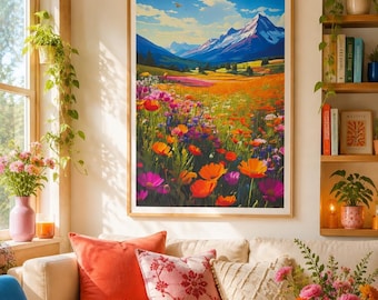 May include: A framed landscape art print featuring a vibrant meadow of orange, pink, and purple wildflowers under a bright blue sky with white clouds, set against a backdrop of snow-capped mountains, displayed on a wall above a sofa with pillows.