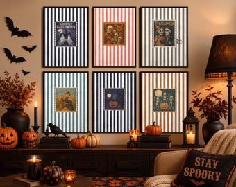 Halloween Wall Art Set of 6, Vintage Spooky Prints, Ghost Skeleton Pumpkin Posters, Retro Halloween Gallery Wall, Digital Download