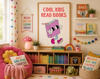 Reading Wall Art Printable, Cool Kids Read Books Poster, Cute Book Lover Print, Classroom Library Kids Bedroom Digital Download