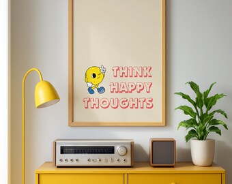 Think Happy Thoughts Poster: Retro Emoji Cartoon Print (Digital Download)