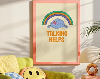 Retro Mental Health Print: Meditating Brain, Rainbow Art (Digital Download)