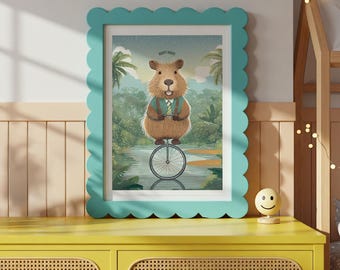 Capybara Unicycle Art Print, Quirky Brazilian Retro Design, Kids Room Good Night Poster, Digital Download Gift