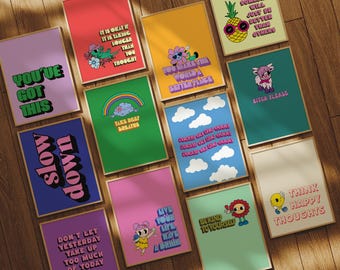 Conjunto de pósteres motivacionales de moda, láminas sobre salud mental, arte mural retro y original, decoración para el hogar y la oficina, descarga digital.