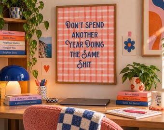 Funny Motivational Wall Art, Mental Health Poster, Digital Download, New Year Goal Print for Office or Bedroom, Retro Home Decor