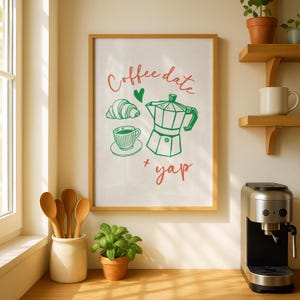 Retro Coffee Date Print: Red & Green Cafe Wall Art (Digital Download)