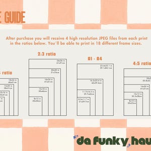 May include: A size guide chart with a peach and white checkered background. The text reads SIZE GUIDE and da funky haus. It displays four columns of rectangles labeled 3:4 ratio, 2:3 ratio, A1-A4, and 4:5 ratio, each listing various dimensions in inches and centimeters.
