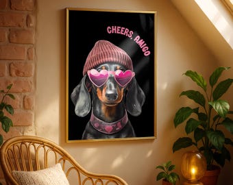 Ausgefallenes Dackel-Wandposter, Retro-Cheers-Amigo, Latino-inspiriert, für Hundeliebhaber-Wohnungen, Pinke Deko, Digitaler Download