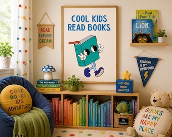Reading Wall Art Printable, Cool Kids Read Books Poster, Cute Book Lover Print, Kids Bedroom Classroom Library Digital Download