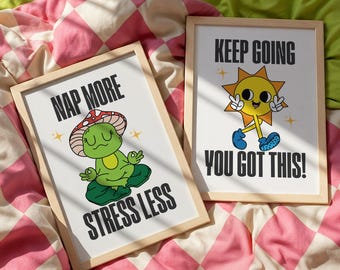 Retro cartoon motiverende posterset, Y2K-dopaminedecor (digitale download)