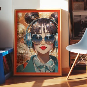 Disco Girl Headphones Print, Teen Girl Room, College Apartment, Retro Funky Maximalist Home Decor, Digital Download Poster