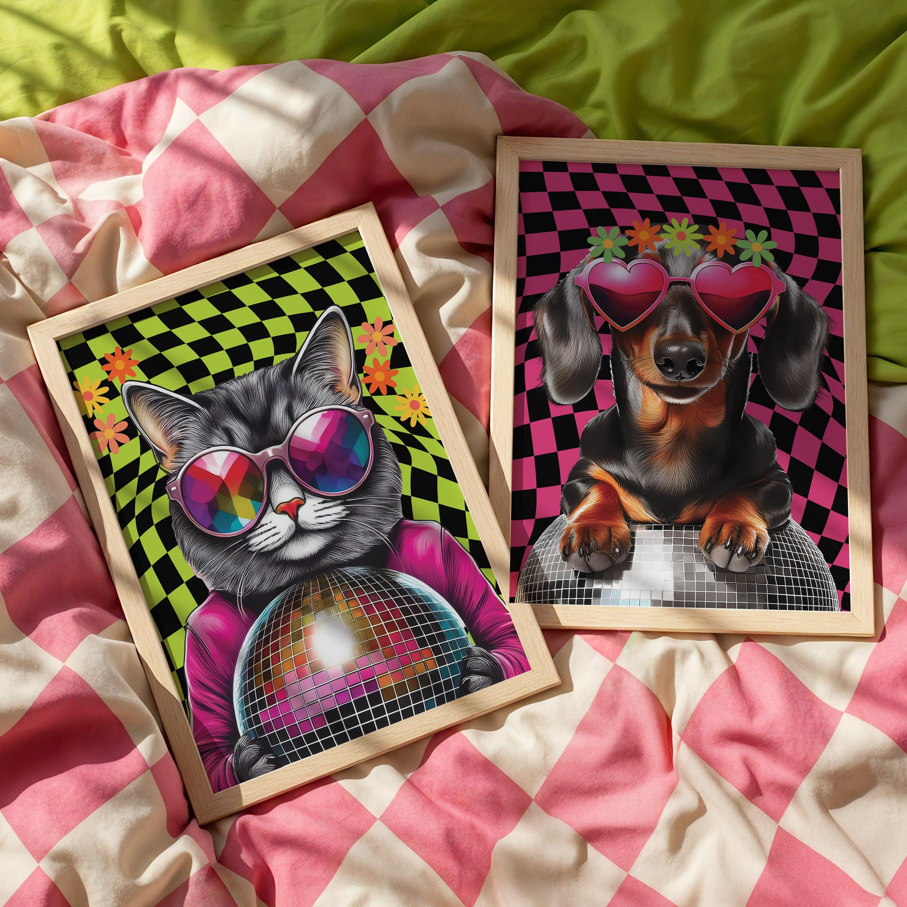 Disco Cat & Dog Set of 2 Posters, Trendy Teen Dorm Room Decor