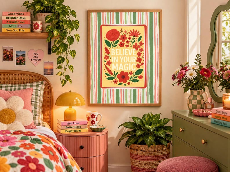May include: A rectangular wall art print in a wooden frame featuring a yellow center panel with red flowers, green leaves, and the text "BELIEVE IN YOUR MAGIC" in white, surrounded by a border of vertical green, pink, and white stripes.