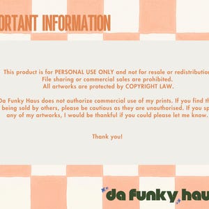 May include: A rectangular document with a peach and white checkered border featuring the text IMPORTANT INFORMATION. It states that the product is for personal use only, prohibits resale, and notes that artworks are protected by copyright law.