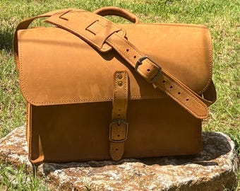 Handmade Full Grain Leather Laptop Bag, Tobacco Brown, Brass Hardware, Made in USA (Demo Model)