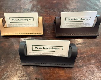 Handmade Full Grain Leather Business Card Stand: Custom Engraved Desk Organizer