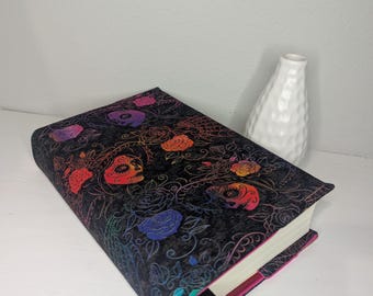 Rainbow sugar skulls Adjustable fabric book bible textbook journal hardbound dust cover jacket sleeve reusable washable handmade in USA