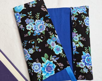 Blue jewel tone flowers Adjustable fabric book bible textbook journal hardbound dust cover jacket sleeve reusable washable handmade in USA
