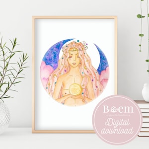 Female illustration, astral, moon, star, moon, sun, star, wall art, digital download, digital printing, watercolor, wall decoration