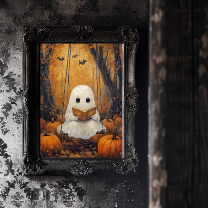 Cute Ghost Reading Art Print | Halloween Book Lover Decor | Spooky ...