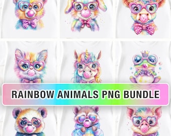 Cute Animal PNG Bundle for Girls, Kawaii Rainbow Animal Sublimation, Girly Cartoon Design, Pastel Baby Animals for Kids, Digital Download