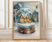 Christmas Snow Globe Wall Art, Winter Holiday Printable, Xmas Home Decor, Christmas Tree and House Print, Winter Scene Digital Art