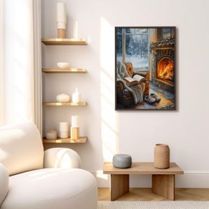 Peut inclure: Une peinture repr&eacute;sentant une sc&egrave;ne de salon confortable avec un fauteuil en cuir, un livre et une chemin&eacute;e. Le fauteuil est recouvert d'une couverture douce et la chemin&eacute;e br&ucirc;le vivement. La fen&ecirc;tre derri&egrave;re le fauteuil montre une sc&egrave;ne d'hiver enneig&eacute;e.