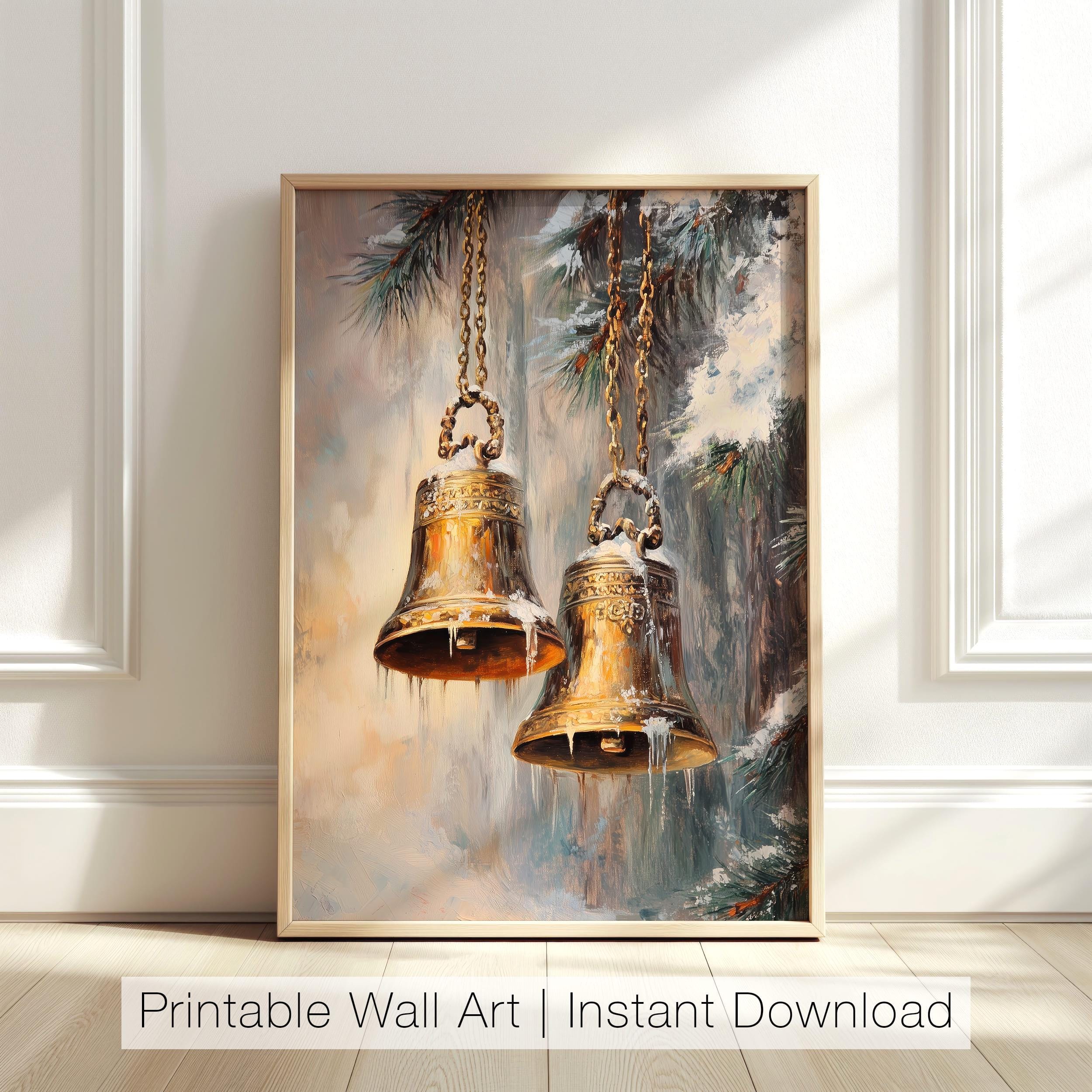 Christmas Bells Wall Art, Vintage Holiday Decor, Winter Printable Art ...