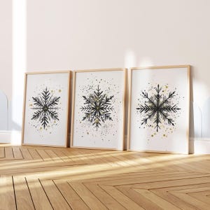 Snowflake Wall Art, Black and Gold Christmas Printable, Modern Winter Decor, Minimalist Holiday Art, Digital Xmas Print, Set of 3 Prints