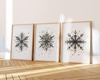 Snowflake Wall Art, Black and Gold Christmas Printable, Modern Winter Decor, Minimalist Holiday Art, Digital Xmas Print, Set of 3 Prints