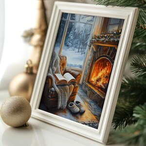 Peut inclure: Une peinture repr&eacute;sentant un salon confortable avec une chemin&eacute;e, une fen&ecirc;tre donnant sur un paysage enneig&eacute; et un fauteuil confortable avec un livre et une couverture. La chemin&eacute;e est allum&eacute;e et la pi&egrave;ce est baign&eacute;e d'une lumi&egrave;re chaude.