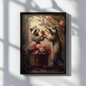 May include: Two raccoons in a garden setting, one offering a red rose to the other. The raccoons are surrounded by pink and red roses in a wicker basket.