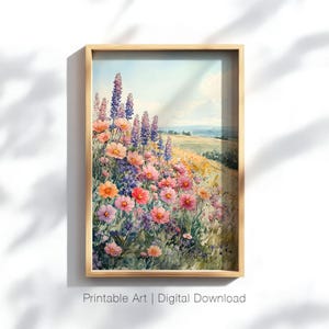 Wildflower Meadow Art Print, Floral Landscape Art, Summer Field Wall Art, Nature Printable Art, Country Rustic Decor, Digital Download
