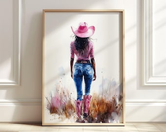 Cowgirl Art Print, Black Woman Wall Art, Pink Western Art, Rustic Country Decor, Country Girl Printable, Western Farmhouse Digital Download