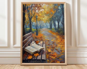 Impresión artística de lectura otoñal acogedora / Decoración de pared para amantes de los libros de otoño / Impresión digital de café y libros / Decoración de biblioteca para el hogar