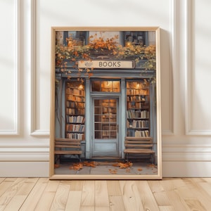 Stampa artistica della libreria autunnale / Decorazione murale accogliente della libreria autunnale / Stampabile per gli amanti dei libri / Arte digitale della libreria vintage