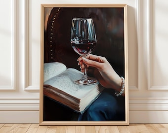 Wine and Book Wall Art | Woman Reading with Wine Printable | Cozy Book Lover Decor | Bookish Digital Art