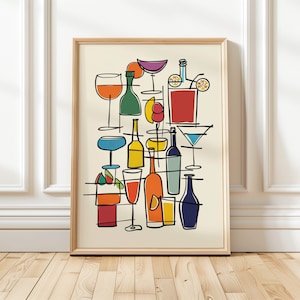 May include: A colorful abstract illustration of a bar scene with various glasses and bottles of liquor. The illustration is done in a mid-century modern style with bold lines and bright colors.