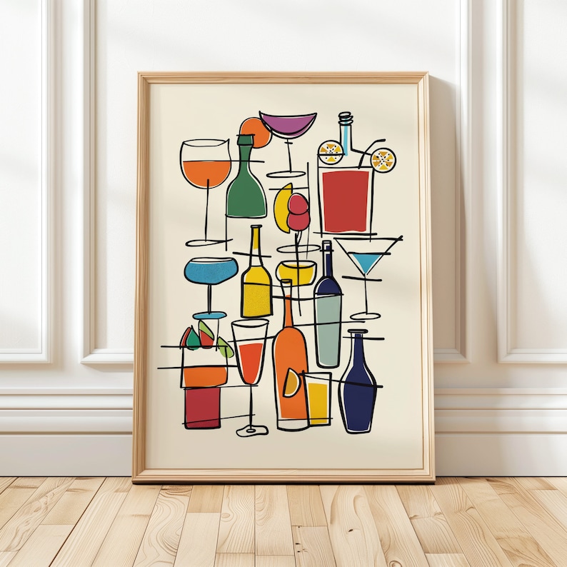 May include: A colorful abstract illustration of a bar scene with various glasses and bottles of liquor. The illustration is done in a mid-century modern style with bold lines and bright colors.