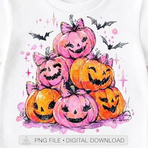 Cute Pink Pumpkin Stack PNG, Girly Halloween Sublimation, Funny Jack O Lantern Png, Spooky Pumpkin Clipart, Retro Halloween Digital Download