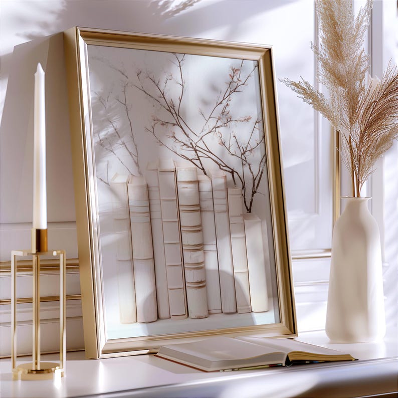 May include: A gold framed picture with a white background and a row of white books with a branch of white flowers in front of them.