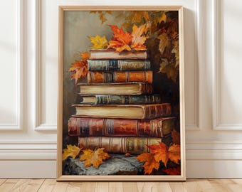Peut inclure: Une pile de livres anciens avec des couvertures en cuir et des lettres dorées, entourée de feuilles d'automne dans des tons d'orange, de rouge et de jaune. Les livres sont disposés en forme de pyramide, avec le plus grand livre en bas et le plus petit livre en haut.