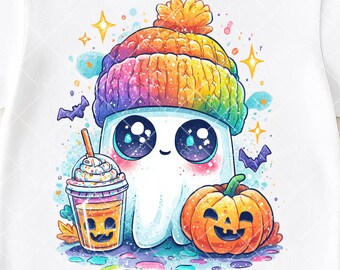 Cute Ghost Halloween PNG, Kawaii Pumpkin Drink Png, Rainbow Beanie Ghost Sublimation, Pastel Spooky Png, Funny Halloween Shirt Design