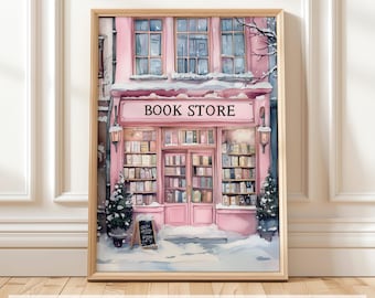 Winter Bookstore Art, Cozy Bookish Wall Art, Book Lover Printable, Reading Nook Decor, Christmas Bookshop Art Print, Digital Download