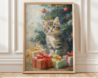 Christmas Cat Wall Art, Cute Kitten Under Tree, Holiday Printable Decor, Festive Cat Art, Digital Print for Cat Lover Christmas