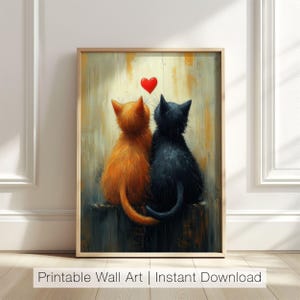Romantische Katze paar Kunstdruck, süße Katzen druckbare, Liebe Katze Druck, abstrakte Dekoration, Valentinstag Wandkunst, Katze Malerei Druck, digitaler Download