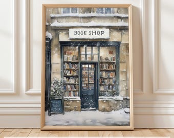 Winter Bookshop Wall Art, Cozy Book Store Printable, Bookish Christmas Decor, Snowy Book Shop Print, Book Lover Wall Decor, Digital Download