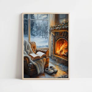 Peut inclure: Une sc&egrave;ne de salon confortable avec un fauteuil en cuir recouvert d'une couverture grise, un livre ouvert pos&eacute; sur le si&egrave;ge et une chemin&eacute;e avec un feu cr&eacute;pitant. Un paysage d'hiver enneig&eacute; est visible &agrave; travers la fen&ecirc;tre derri&egrave;re le fauteuil.