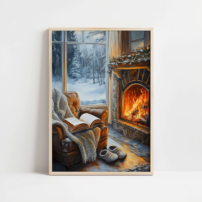 Peut inclure: Une sc&egrave;ne de salon confortable avec un fauteuil en cuir recouvert d'une couverture grise, un livre ouvert pos&eacute; sur le si&egrave;ge et une chemin&eacute;e avec un feu cr&eacute;pitant. Un paysage d'hiver enneig&eacute; est visible &agrave; travers la fen&ecirc;tre derri&egrave;re le fauteuil.