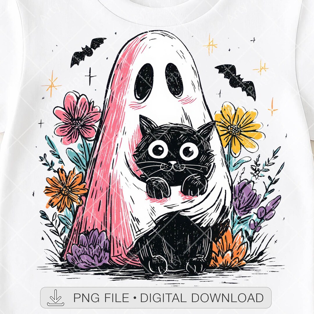 Halloween Cat PNG, Cute Ghost With Black Cat Png, Floral Halloween Png ...
