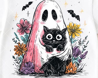 Halloween Cat PNG, Cute Ghost with Black Cat Png, Floral Halloween Png, Spooky Cat Design for Shirt Sublimation, Digital Download